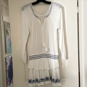 Surf Gypsy size large boho dress in white with blue embroidery.
